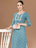 Blue Floral Printed Lace Embellished Kurta With 3/4Th Sleeves