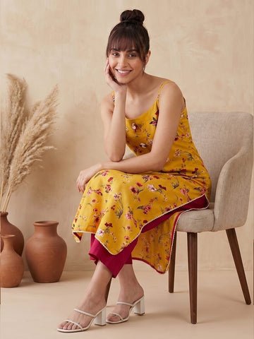 Varanga Mustard And Pink Printed Strap Kurta