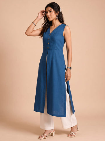 Sleeveless Blue Linen Kurta