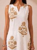 Women's White Kurta Set With Elegant Beige Floral Prints