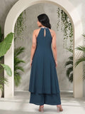 Varanga Women Blue Yoke Embroidered Sleeveless Flared Kurta With Trousers.
