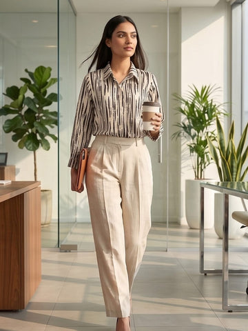 Cream Coloured Slim Collar Long Sleeves Abstract Shirt