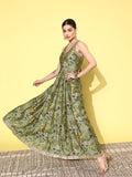 Varanga Women Green Floral Printed Sequinned Silk Anarkali Kurta With Dupatta