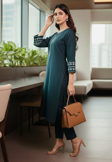 Varanga Women Bottle Green Embroidered Kurta Set