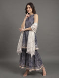Blue And White Leheriya Halter Neckline Gota Work Kurta With Sharara And Sequins Emebllished Dupatta