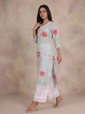 Varanga Women Floral Printed Lace Detail Straight Kurta