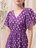 Women's Purple Ethnic Print Tiered Maxi Dress With Flutter Sleeves