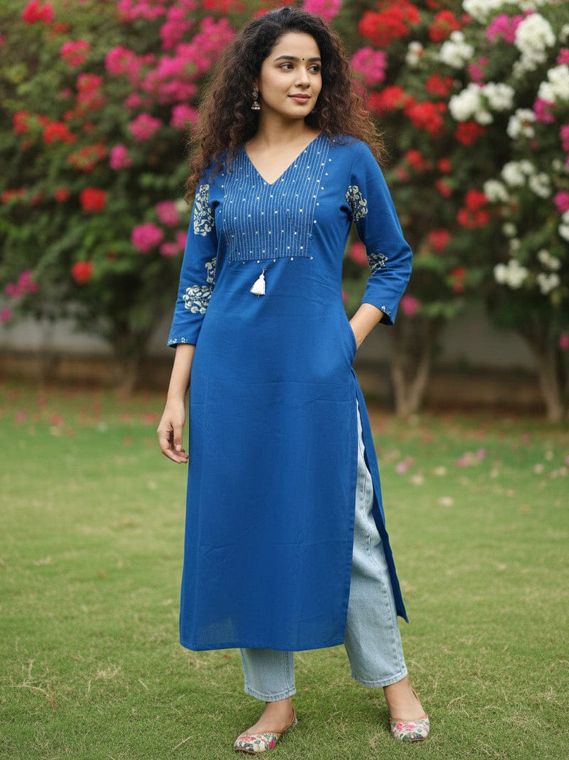 Varanga Ethnic Blue and White Printed Straight Kurta