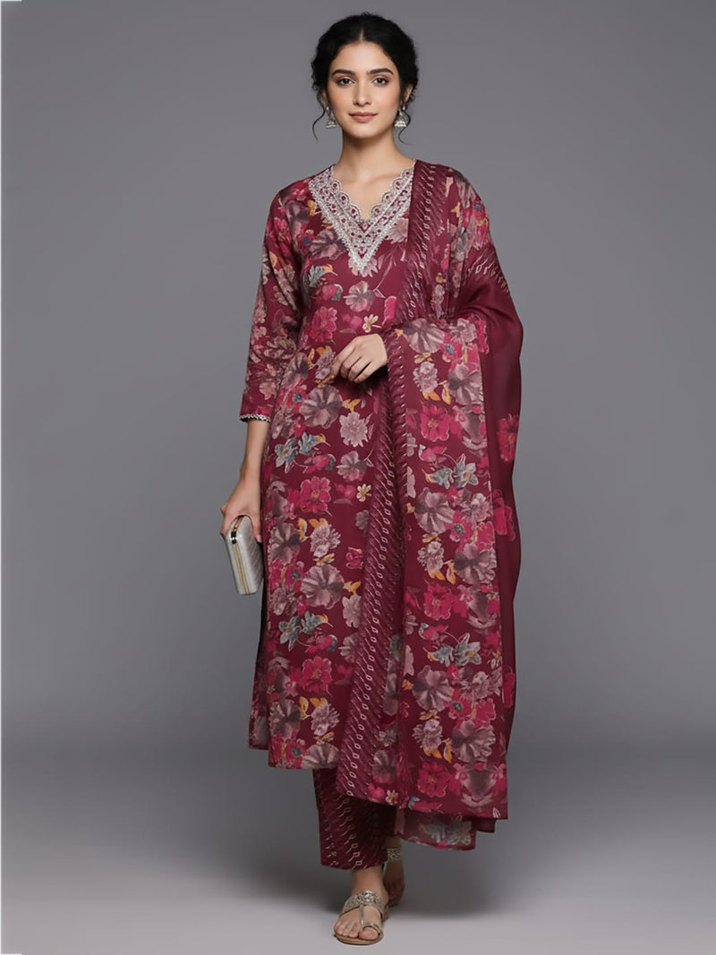 Varanga Women Maroon Floral Printed Embroidered Kurta Paired With Bottom And Dupatta