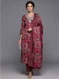 Varanga Women Maroon Floral Printed Embroidered Kurta Paired With Bottom And Dupatta