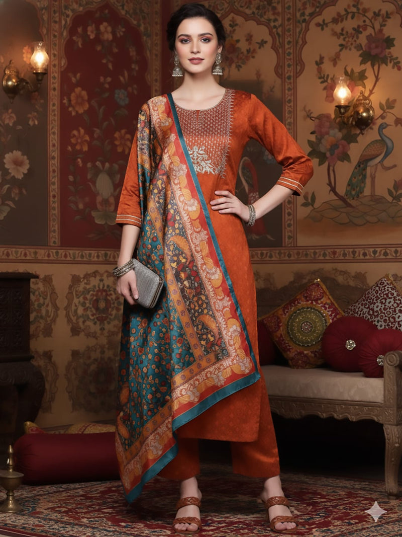 Varanga women jaquard kurta set with printed dupatta