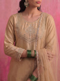 Beige Embroidered Chanderi Kurta Set With Straight Pants And Organza Dupatta.