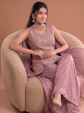 Pink Embroidered Kurta Set Featuring Zari And Sequin Work With A Matching Flared Palazzo And Embellished Dupatta