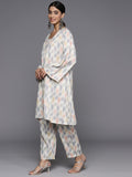 KSUT Women Ivory Grey Ikat Printed V Neck A Line Kurta With Flared Sleeves With Bottom