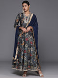 Varanga Navy Blue Floral Printed Gotta Patti Anarkali Kurta with Dupatta