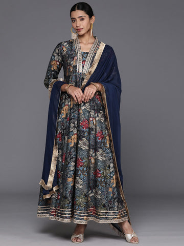 Varanga Navy Blue Floral Printed Gotta Patti Anarkali Kurta with Dupatta