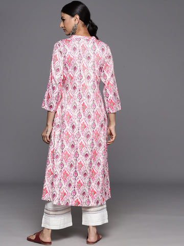 KSUT pink ikat printed mandarin collar gathered details a line kurta