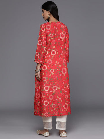 KSUT Women Red Floral Printed Sequin Embellished A-Line Kurta With Three Quater Sleeves