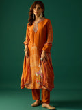 Rust Straight-Fit Calf-Length Kurta With Stone-Embellished Print Paired With Solid Ankle-Length Trousers And A Printed Dupatta