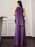Ombere Purple Halter-Neck Co-Ord Set Featuring An Embellished Neckline And Flowy Wide-Leg Pants.