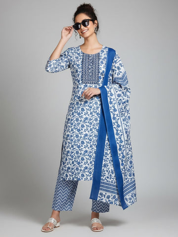 Varanga Women Ethnic Floral Printed V Neck Kurta Stripper Trouser & Dupatta