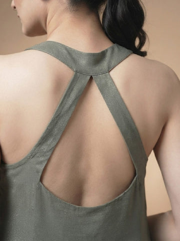 Solid Grey Halter Neck Front Slit Kurta With Palazzos