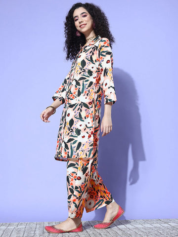 KSUT Women Pink Floral  Printed Shirt Collar Straight Kurta Paired With Tonal Bottom