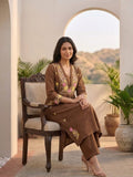 Floral Embroidered Brown Ethnic Kurta With Gathered Detailing