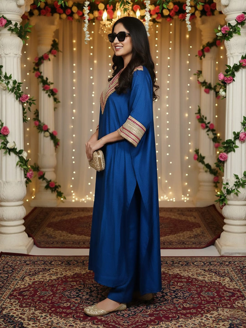 Zari Embroidered Lace Neck Flared Kaftan with Trouser