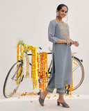 Varanga Women Grey Embroidered Kurta Set With Dupatta
