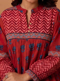 Women Rust Chevron & Lotus Flared Top Pure Cotton Regular Flared Crop A-Line Mandarin Collar
