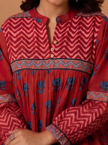Women Rust Chevron & Lotus Flared Top Pure Cotton Regular Flared Crop A-Line Mandarin Collar