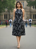 Stylish Sleeveless Halter Neck A-Line Dress in Black & White Floral Print