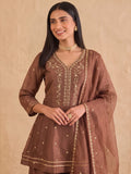 Embroidered Brown Kurta Set With Palazzo And Dupatta.