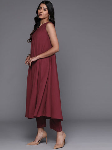 Varanga Women Maroon V Neck A-Line Flared Kurta Paired With Bottom