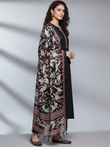 Varanga Women Black Embroidered Kurta Paired With Tonal Bottom And Printed Bhaghalpuri Dupatta