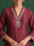 Womens Maroon Mirror-Work Silk Kurta Set