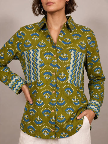 Varanga A Stylish Loose Fit Olive Green Printed Cotton Shirt