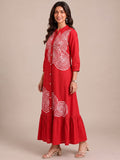 Crimson Red Embroidered Dress Featuring Bold Spiral Thread Work