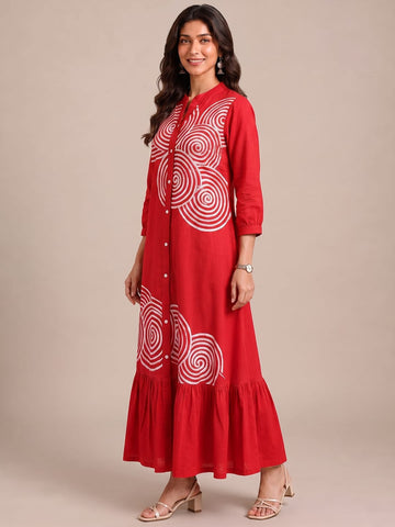 Crimson Red Embroidered Dress Featuring Bold Spiral Thread Work