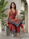 Everyday-ready rust A-line V-neck kurta paired with soft, elasticated solid trousers.
