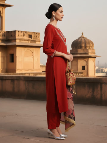 Varanga Women-Zari Embroidered Yoke Anarkali Kurta With Trouser & Dupatta