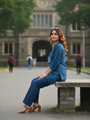 Varanga Women Blue Printed Tunic with 3/4 Sleeves