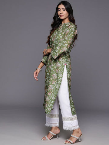 Varanga Women Olive Floral Printed Mandarin Collar Straight Kurta