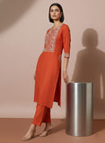 Rust Orange Embroidered Flared Flex Kurti
