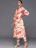 varanga women mustard yellow and pink floral printed flared sleeves sequinned kurta