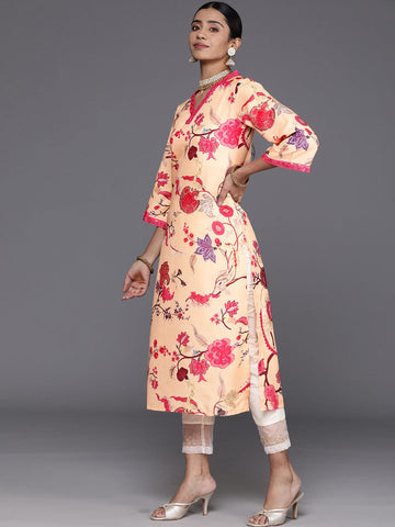 varanga women mustard yellow and pink floral printed flared sleeves sequinned kurta
