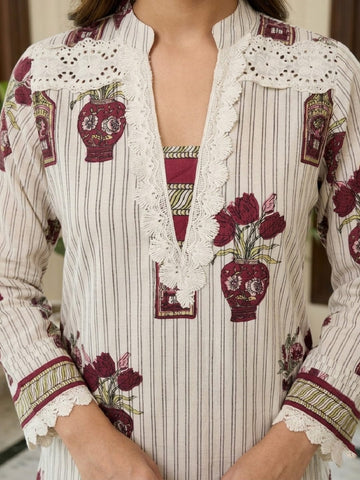 Womens Traditional Stripe & Scallop Kurta Set