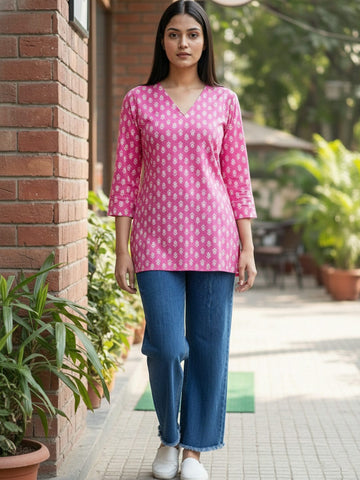 Varanga Casual Berry Pink Printed Top with 3/4 Sleeves
