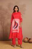 Abstract Crimson0 Front-Graphic Button-Down Kurta Set
